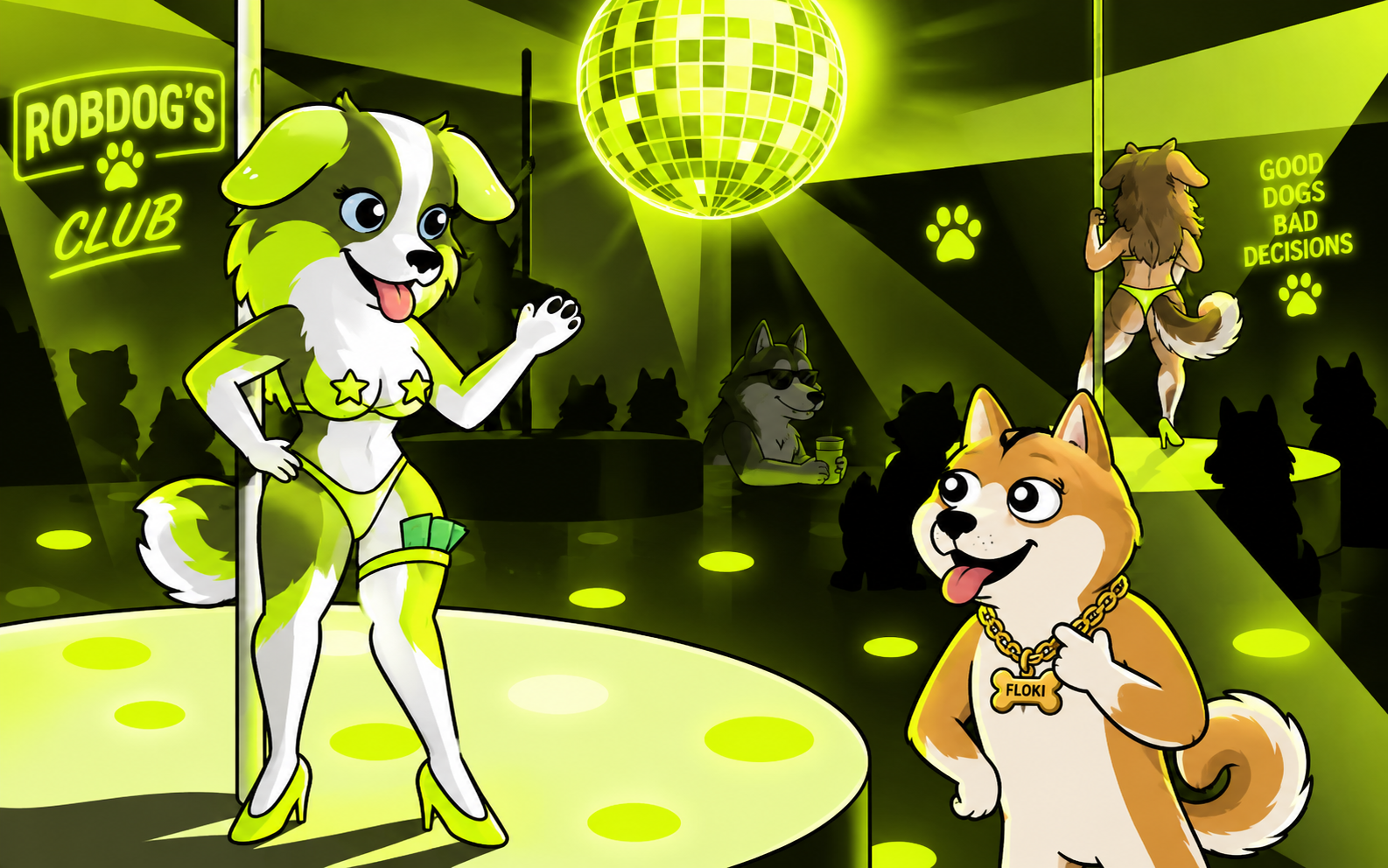 Illustrated cartoon nightclub scene themed around RobDog, with a disco ball and dancing dog characters under lime-green lighting